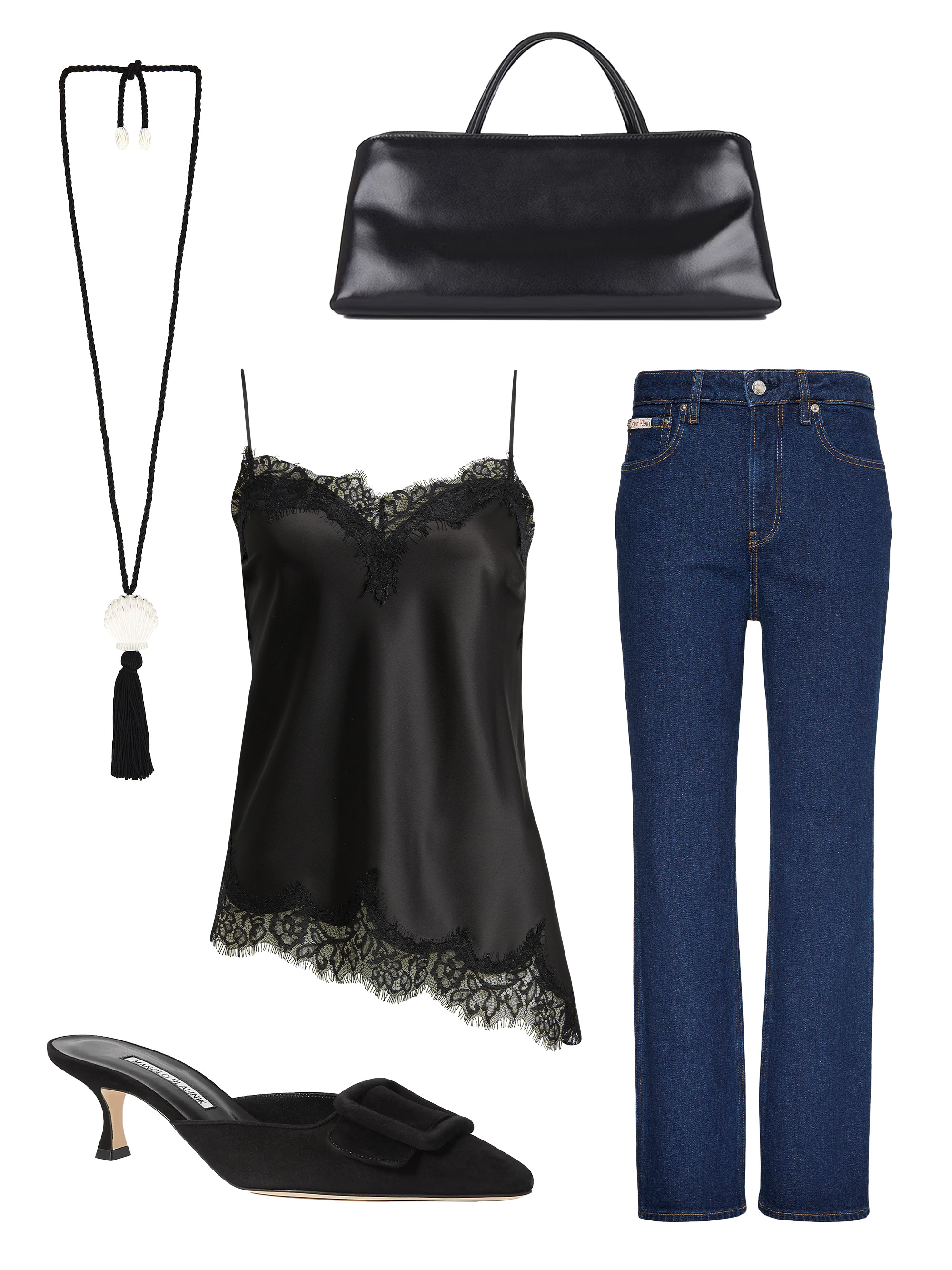 Dark wash denim outfit with black accessories