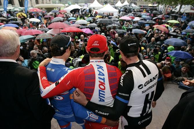 The podium finishers look out onto the photographers and fans at the 2014 GP Frankfurt