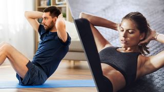 a photo of a man doing a sit-up and a woman doing a crunch