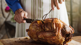 A person cutting into a cooked turkey on the countertop