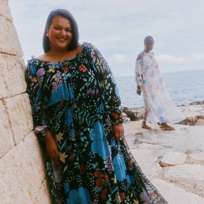 billie bhatia wears a floral dress from her rixo collection