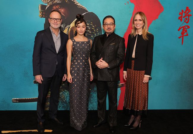 At the red-carpet premiere of FX&rsquo;s Shōgun at the Academy Museum in Los Angeles (l. to r.): John Landgraf, chairman, FX Content and FX Productions; Anna Sawai; Hiroyuki Sanada; and Dana Walden, co-chairman, Disney Entertainment.