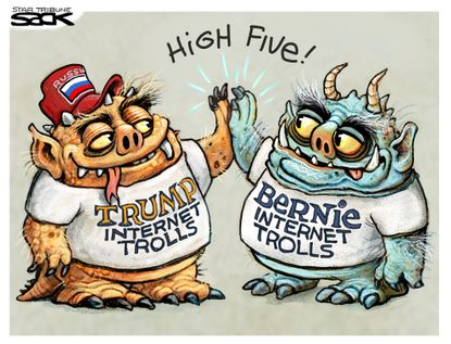 Political Cartoon U.S. Trump Bernie Sanders supporters bernie bros maga internet trolls