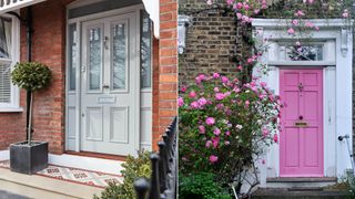 compilation showing grey and pink front doors to suggest the best colour for a front door