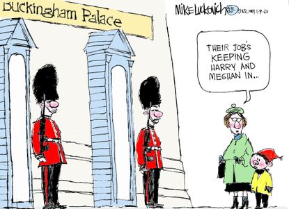 Editorial Cartoon World Buckingham Palace Guards Keeping Harry and Meghan In