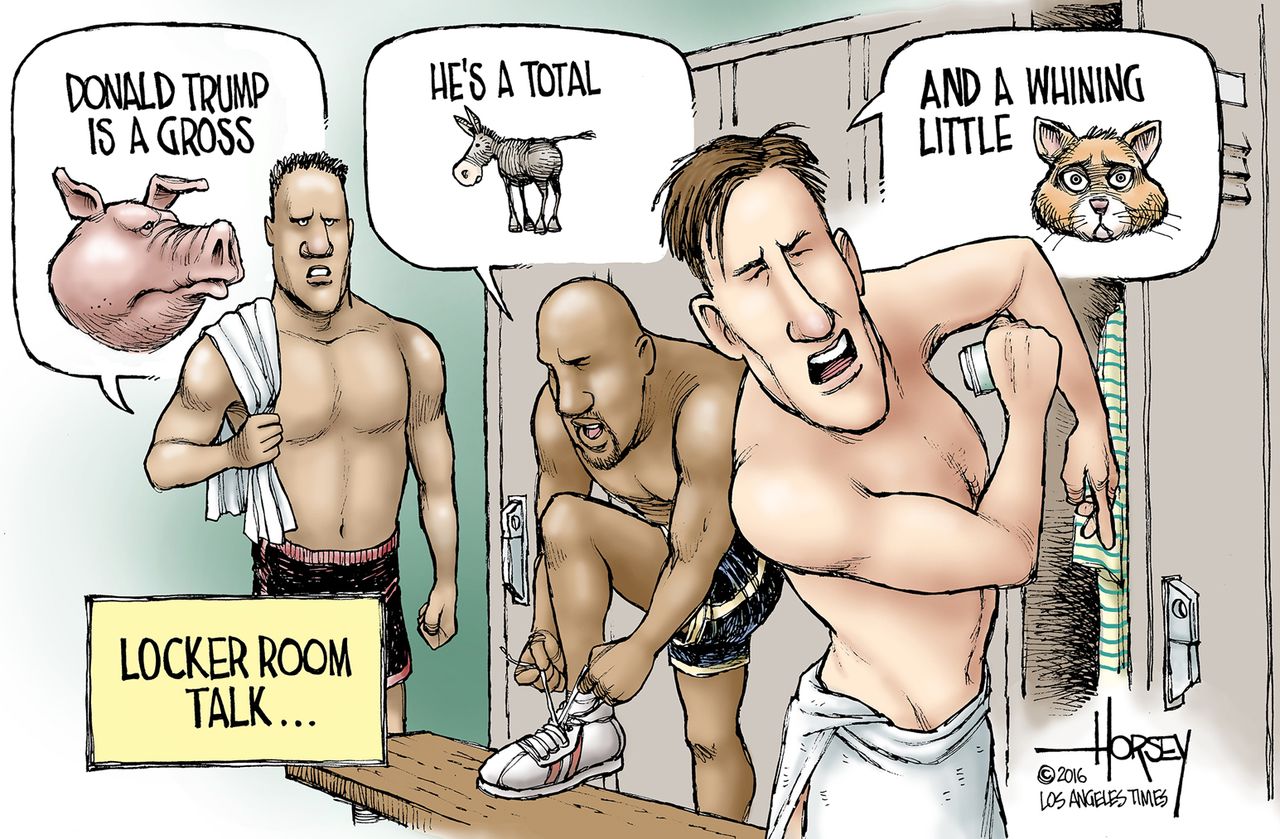 Political cartoon U.S. 2016 election Donald Trump locker room talk