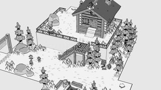 Toem - a top down view of a black and white adventure game where a cabin sits in a woods