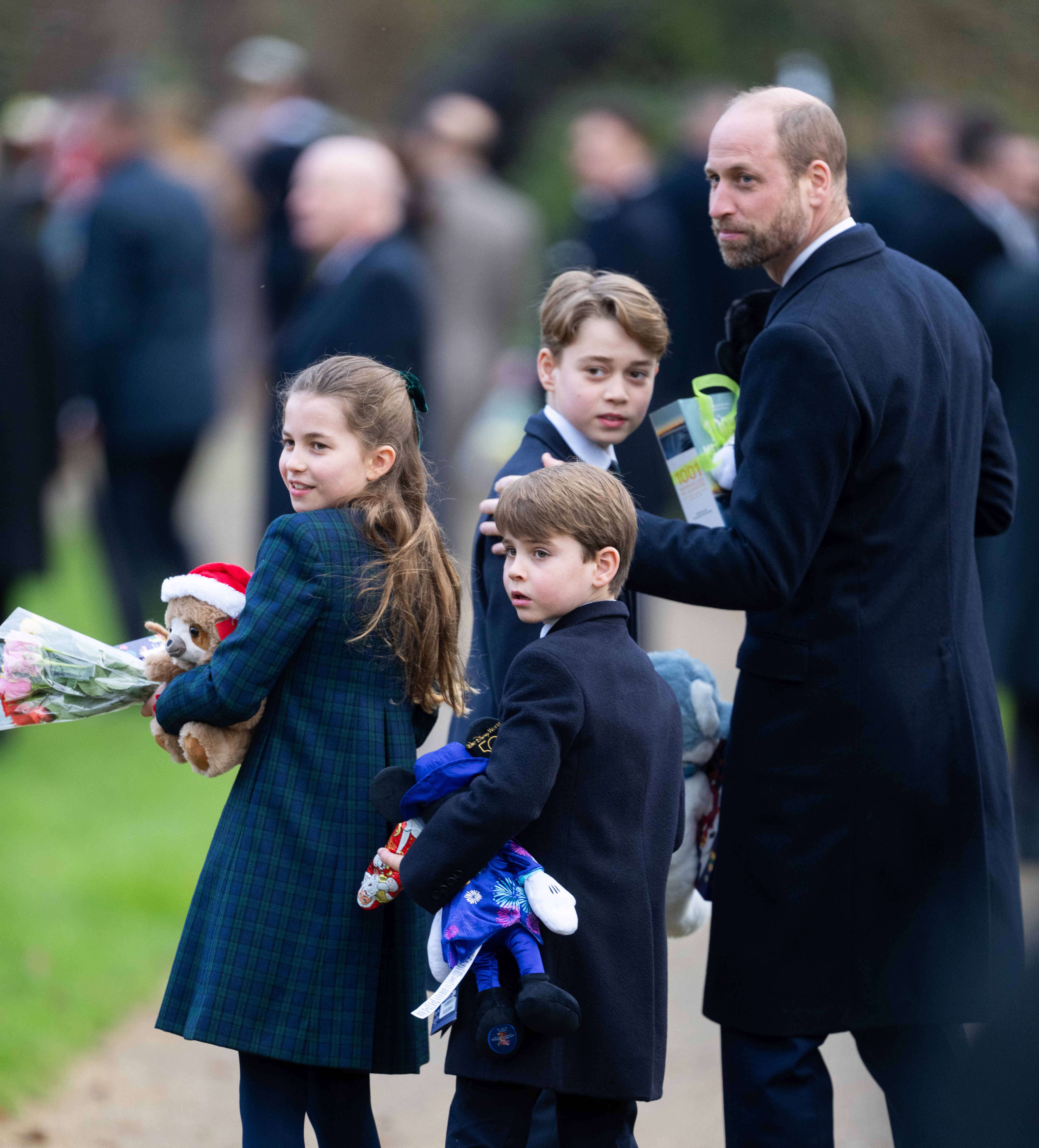 SANDRINGHAM, NORFOLK - DECEMBER 25: Princess Charlotte of Wales, Prince Louis of Wales, Prince George of Wales and Prince William, Prince of Wales attend the Christmas Morning Service at Sandringham Church on December 25, 2024 in Sandringham, Norfolk. (Photo by Samir Hussein/WireImage)