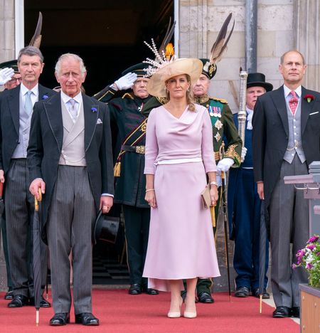 King Charles, Duchess Sophie, the Duke of Edinburgh, Princess Anne standing in suits and dresses at a garden party in 2022