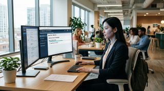 AI woman sitting at a desk using HR software