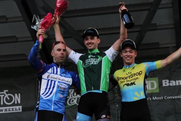 Men's podium (L-R): Karl Menzies (UnitedHealthcare), 2nd; Luke Keough (Team Mountain Khakis/SmartStop), 1st; Shane Kline (Team Mountain Khakis/SmartStop), 3rd