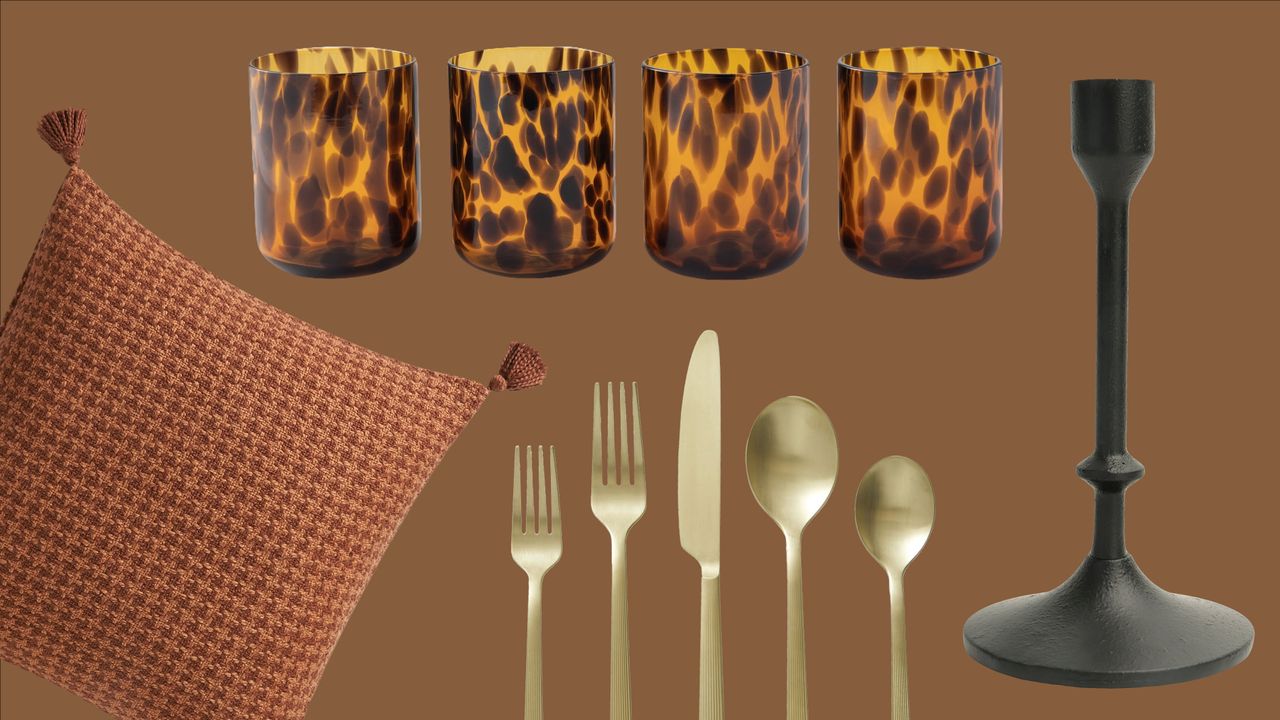 Collage Featuring Cutlery Set, Tortoise Glassware, a Throw Pillow, and Black Candle Stick