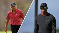 Charlie Woods walks at the 2024 PNC Championship (left) while Tiger Woods looks on through sunglasses at the 2025 Genesis Invitational (right)