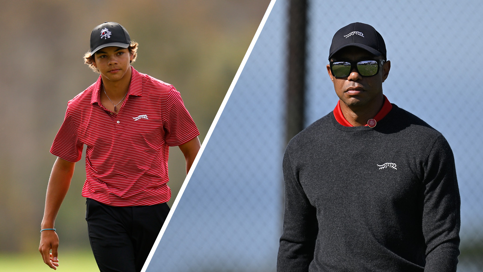 Charlie Woods walks at the 2024 PNC Championship (left) while Tiger Woods looks on through sunglasses at the 2025 Genesis Invitational (right)