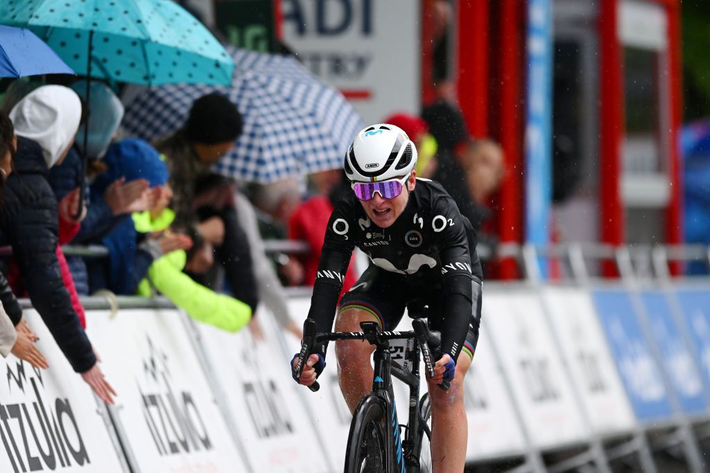 MARKINA SPAIN MAY 12 Annemiek Van Vleuten of The Netherlands and Movistar Team crosses the finish line during the 2nd Itzulia Women 2023 Stage 1 a 1222km stage from Etxebarria to MarkinaXemein UCIWWT on May 12 2023 in Markina Spain Photo by Dario BelingheriGetty Images