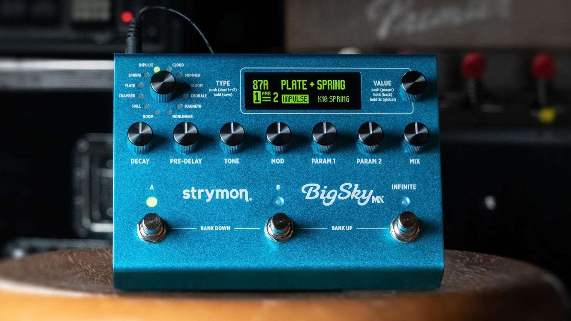 A Strymon BigSky MX reverb pedal in a recording studio