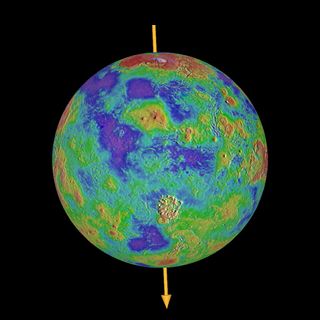 An image showing the terrain of Venus and its spin axis.