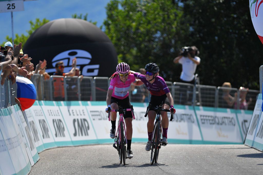 MONTE MATAJUR ITALY JULY 10 Anna Van Der Breggen of Netherlands Pink Leader Jersey Demi Vollering of Netherlands and Team SD Worx celebrate at arrival during the 32nd Giro dItalia Internazionale Femminile 2021 Stage 9 a 1226km stage from FelettoUmberto to Monte Matajur 1267m GiroDonne UCIWWT on July 10 2021 in Monte Matajur Italy Photo by Luc ClaessenGetty Images
