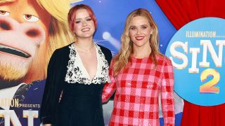 The Sing 2 premiere red carpet featuring Reese Witherspoon in a red dress and Ava Phillippe in a black dress.