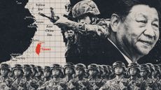 Photo composite illustration of Xi Jinping, Chinese soldiers and a map of the East China Sea