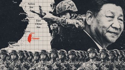 Photo composite illustration of Xi Jinping, Chinese soldiers and a map of the East China Sea