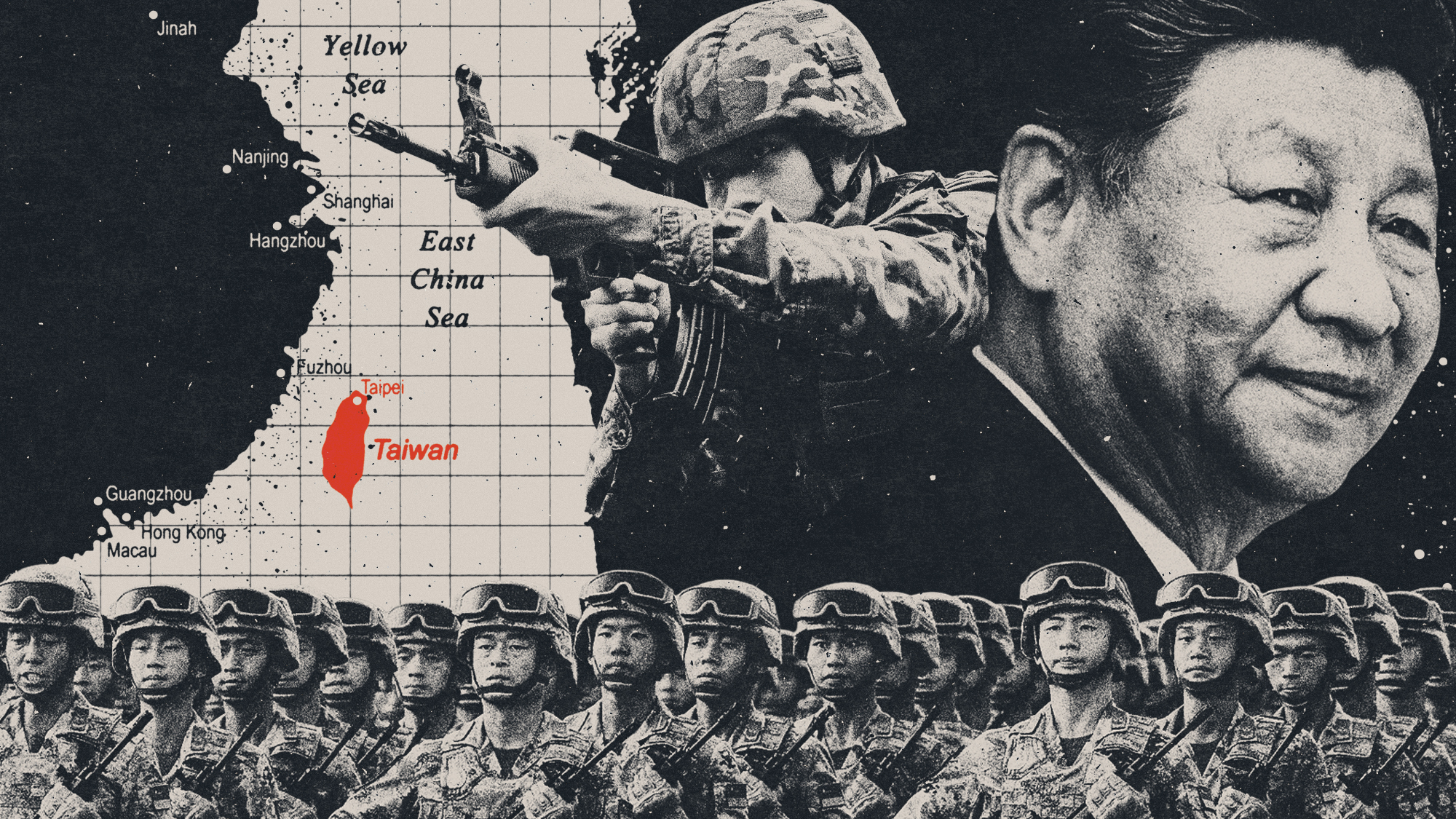 Photo composite illustration of Xi Jinping, Chinese soldiers and a map of the East China Sea