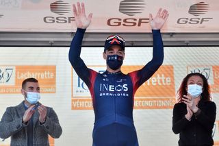 LES SAINTESMARIESDELAMER FRANCE FEBRUARY 11 Elia Viviani of Italy and Team INEOS Grenadiers celebrates at podium as stage winner after the 6th Tour De La Provence 2022 Stage 1 a 1593km stage from Istres to Les SaintesMariesdelaMer TDLP22 on February 11 2022 in Les SaintesMariesdelaMer France Photo by Luc ClaessenGetty Images