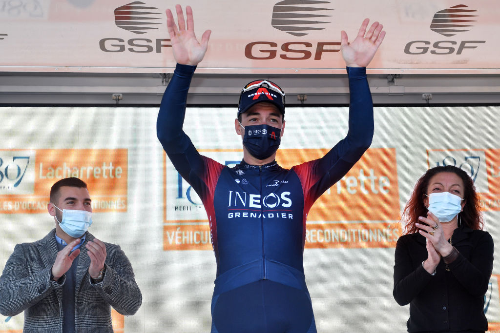 LES SAINTESMARIESDELAMER FRANCE FEBRUARY 11 Elia Viviani of Italy and Team INEOS Grenadiers celebrates at podium as stage winner after the 6th Tour De La Provence 2022 Stage 1 a 1593km stage from Istres to Les SaintesMariesdelaMer TDLP22 on February 11 2022 in Les SaintesMariesdelaMer France Photo by Luc ClaessenGetty Images