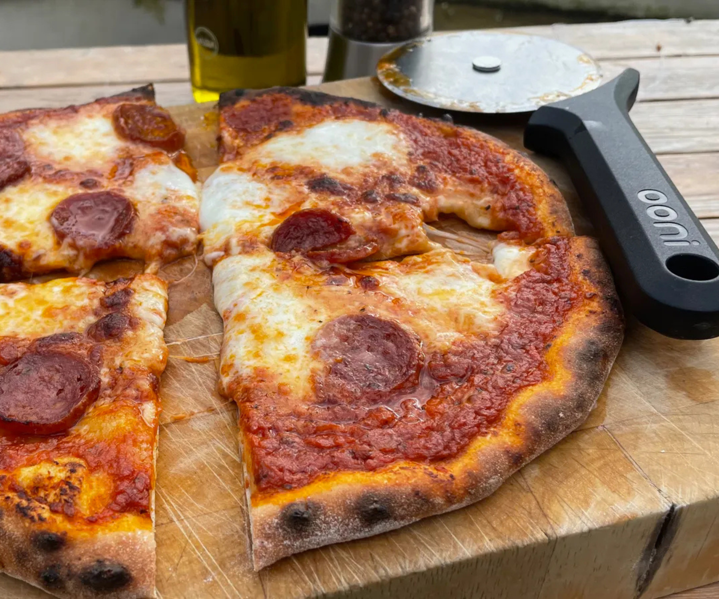 A pepperoni pizza made in the Ooni Koda 12