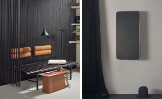 Black panel wall and wooden curtain,