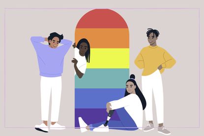 Cartoon people surrounding an archway in the colours of the LGBT flag