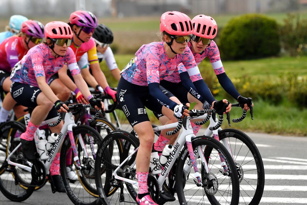 WEVELGEM BELGIUM MARCH 27 LR Clara Honsinger of United States and Clara Honsinger of United States and Team EF Education Tibco Svb during the 11th GentWevelgem In Flanders Fields 2022 Womens Elite a 159km one day race from Ypres to Wevelgem GWEwomen UCIWWT on March 27 2022 in Wevelgem Belgium Photo by Luc ClaessenGetty Images