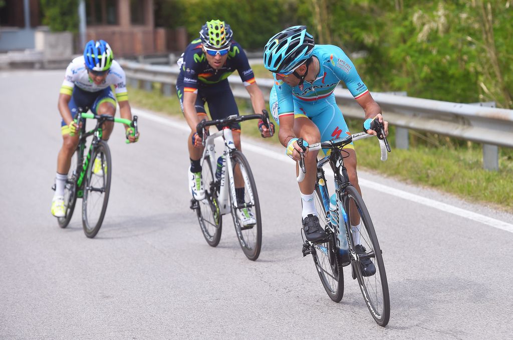 Nibali checks on Valverde and Chaves late in the stage after the trio attacked