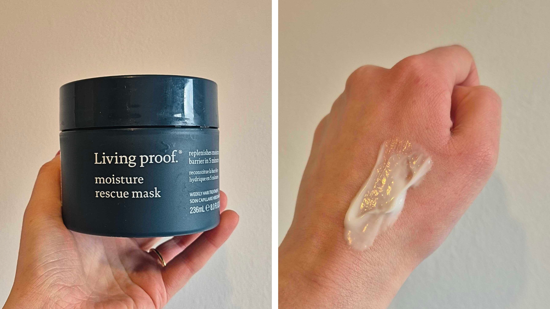 On the left, hand holding the Living Proof Moisture Rescue Mask, and on the right a swatch of the Living Proof Moisture Rescue Mask on the back of a hand