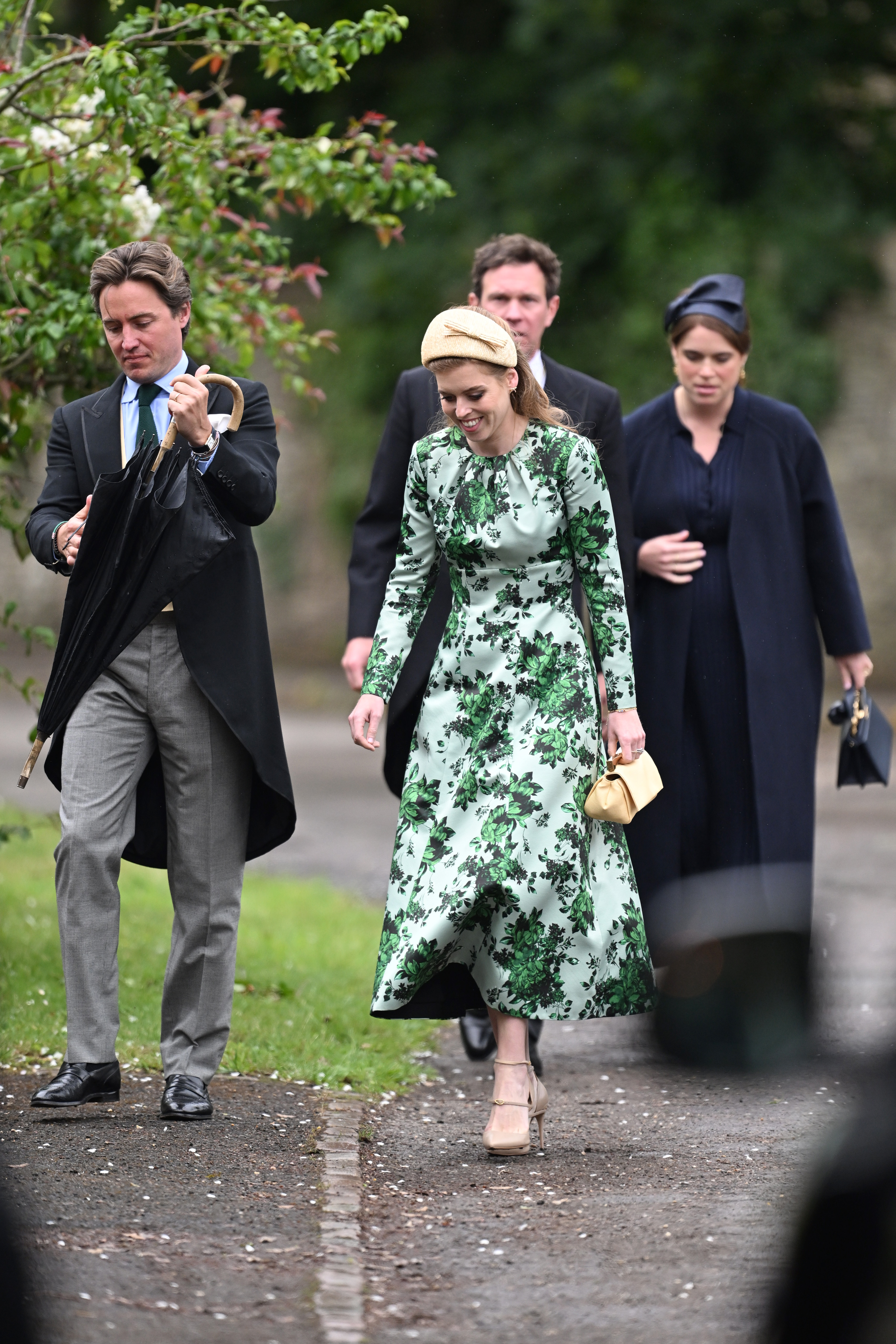 Princess Beatrice, Edoardo Mapelli Mozzi, Princess Eugenie and Jack Brooksbank walking to Peter Phillips's wedding