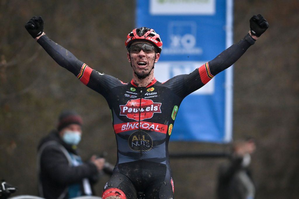 Belgian Laurens Sweeck celebrates as he crosses the finish line to win the mens elite race of the Flandriencross cyclocross cycling event stage 68 in the Trofee Veldrijden competition Saturday 22 January 2022 in Hamme Belgium BELGA PHOTO DAVID STOCKMAN Photo by DAVID STOCKMANBELGA MAGAFP via Getty Images
