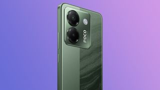 The Poco M7 Pro 5G on a blue and pink gradient background