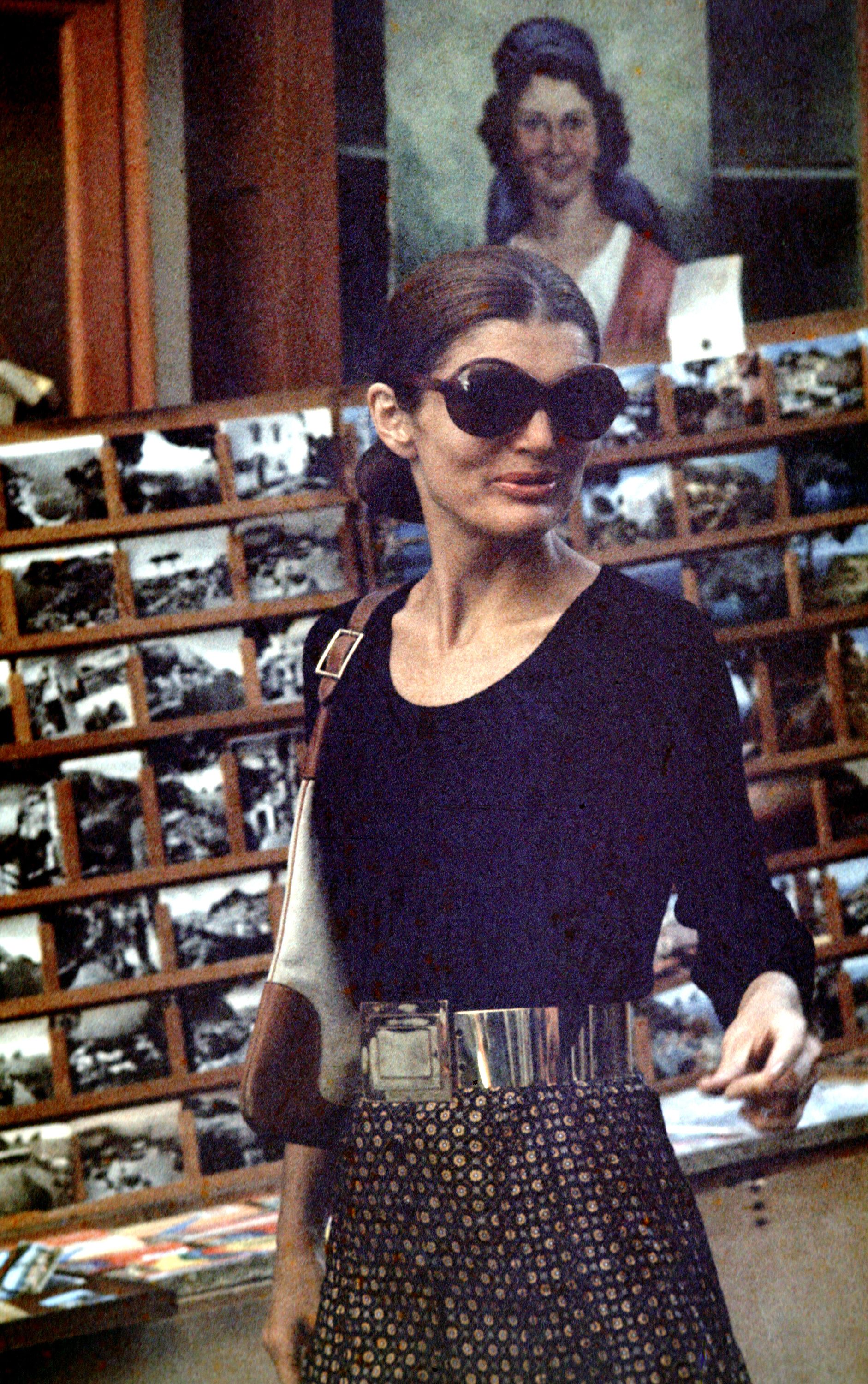 Photos of Jackie Kennedy Onassis in different late '60s and '70s-era summer staples.