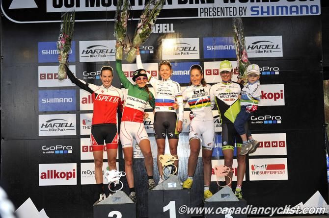 Elite women's cross country World Cup podium in Hafjell, Norway