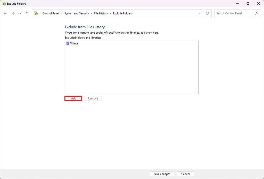 File History add folder to exclude