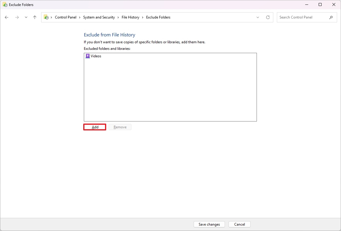 File History add folder to exclude