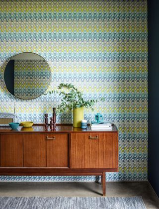 blue and yellow geometric wallpaper by scion