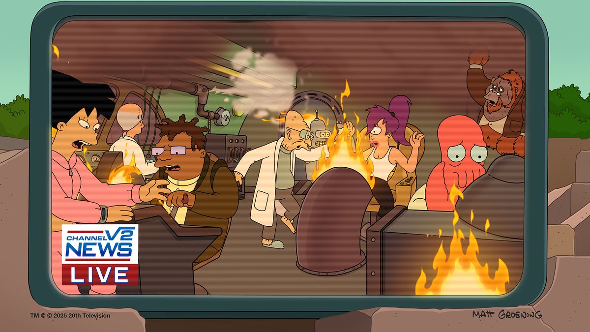 A news report showing the Futurama crew in a fiery ship, with a character who looks like Doctor Zaius from Planet of the Apes along for the ride