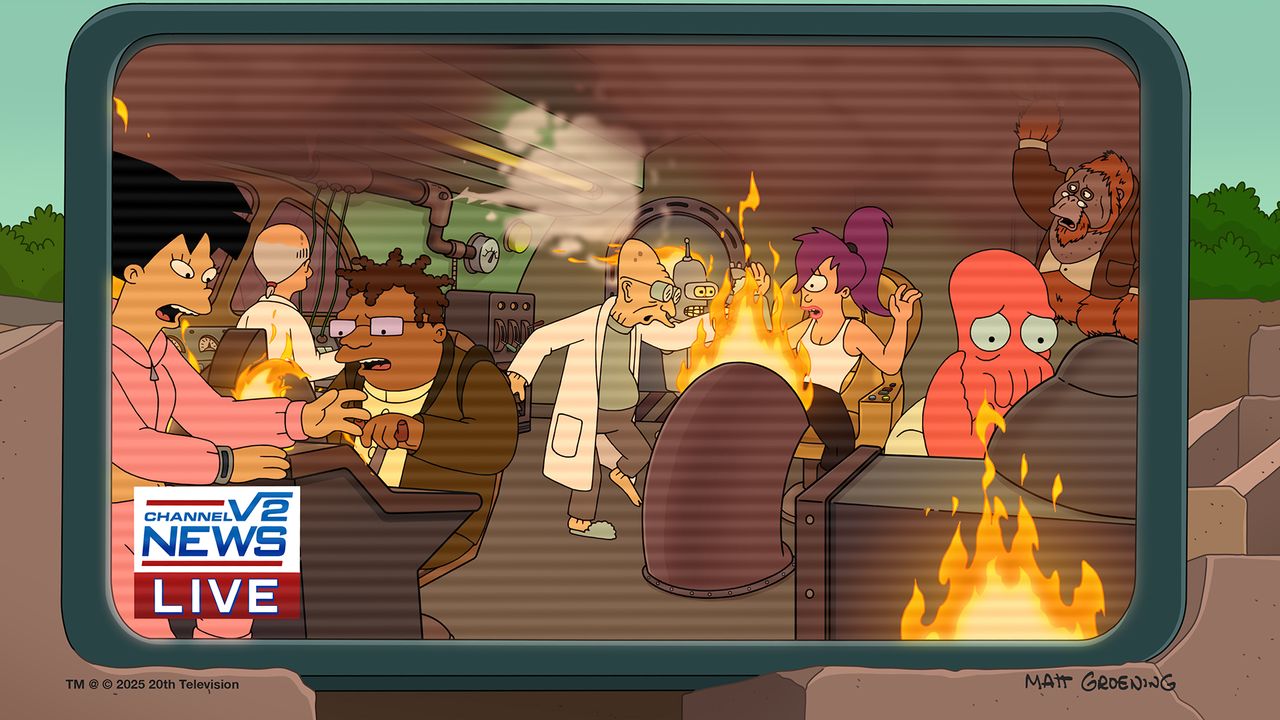 A news report showing the Futurama crew in a fiery ship, with a character who looks like Doctor Zaius from Planet of the Apes along for the ride