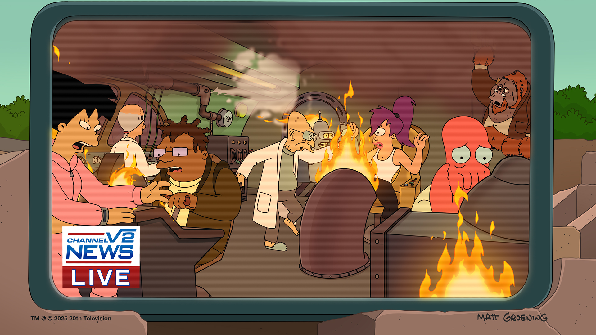 A news report showing the Futurama crew in a fiery ship, with a character who looks like Doctor Zaius from Planet of the Apes along for the ride