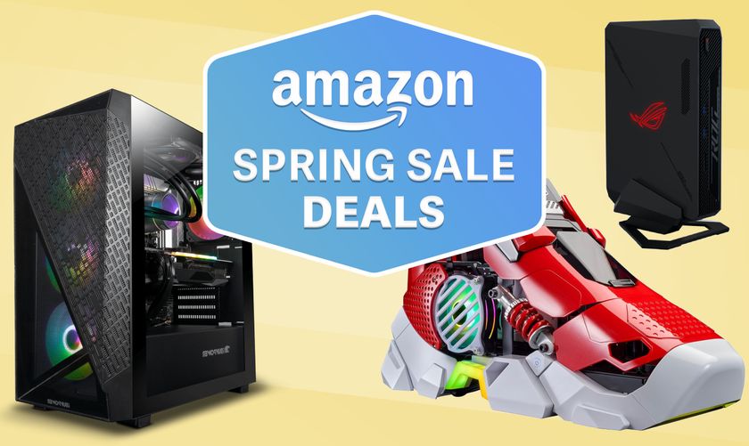 Gaming PCs on a yellow background with Amazon Spring Sale deals tag overlaid