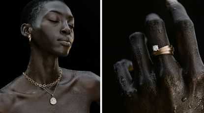 Woman wearing gold necklaces and a gold earring next to an image of her fingers wearing a gold ring with a diamond on