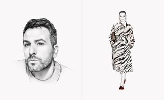 Illustration of Roberto Cavalli and a perfectly cut coat with his update to Cavalli's trademark zebra print