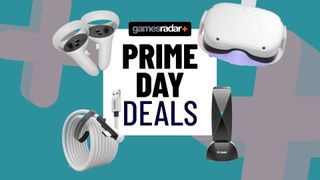 Meta Quest 2 headset and accessories surrounding Prime Day Deals badge
