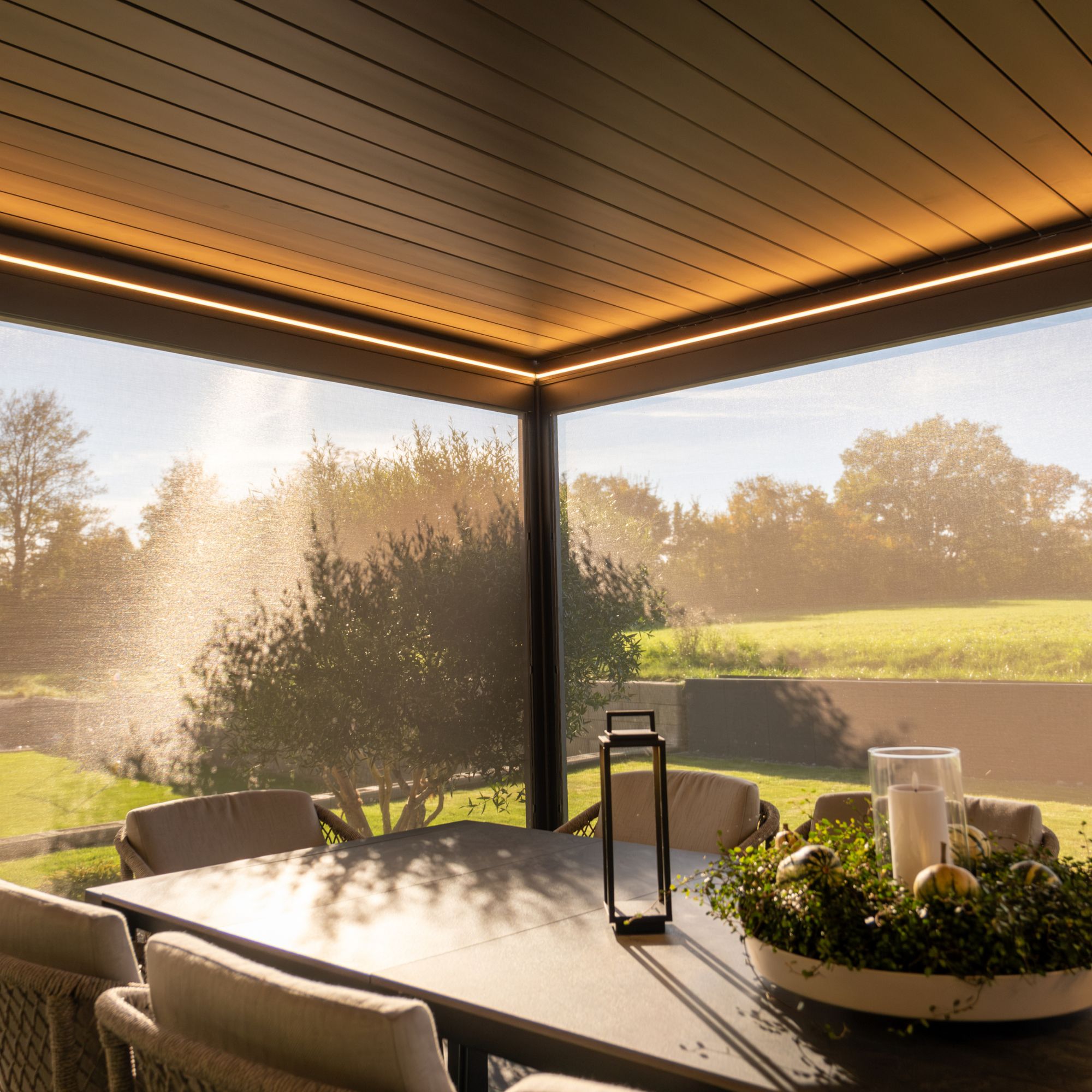 Pergolux UK pergola with integrated lighting